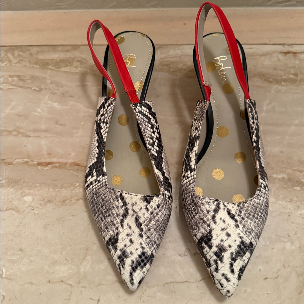 Boden white red and Black Snakeskin Slingback kitten Heels